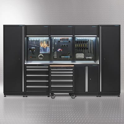 Datona® Werkplaatsinrichting PREMIUM met RVS werkblad 325 cm breed - Zwart