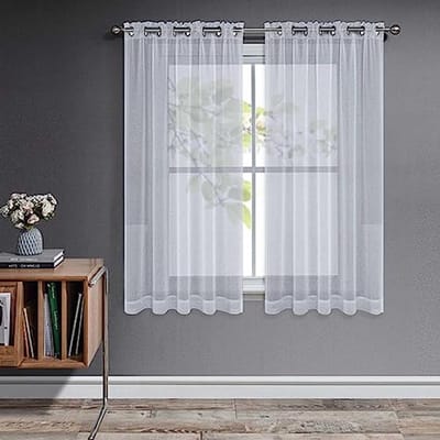 Joydeco Gordijnen, kort, met ingestanste ringen, transparante vitrage, voile gordijnen met inslagringen, doorzichtig, kort, voor slaapkamer en woonkamer, set van 2 stuks, grijs, 2 x H 137 x 140 cm (b
