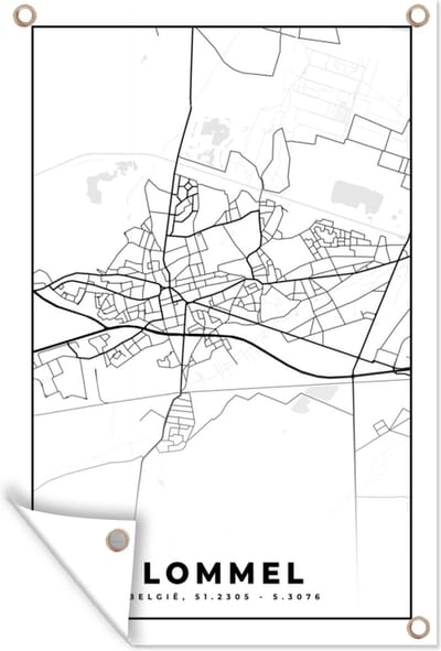 Muurdecoratie België – Lommel – Stadskaart – Kaart – Zwart Wit – Plattegrond - 120x180 cm - Tuinposter - Tuindoek
