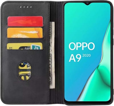 Smartphonica Oppo A9 2020 kunstleren hoesje met magnetische sluiting en pashouders book case - zwart geschikt voor OPPO A9 (2020)