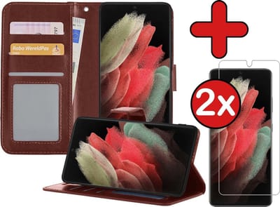 Hoesje - Met 2x Screenprotector - Geschikt voor Samsung Galaxy S21 Ultra - Luxe Pasjeshouder - Flip Case - Bookcase Portemonee - Kunstleer Book Case - Flipcase Hoes - Book Cover - Walletcase - Portemonneehoes - Telefoonhoes - Bruin