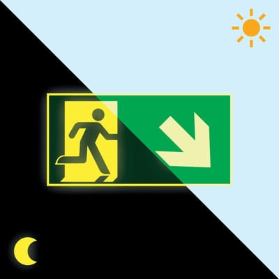 Extra lichtgevend nooduitgang bord pijl rechtsonder - kunststof - E002 300 x 150 mm