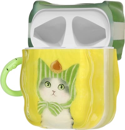 kwmobile In-Ear Oordopjes Case voor Apple Airpods 1 & 2 Case met Karabijnhaak - Headphones Case - Earphones Cover Etui - Kat en kastanje design