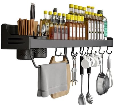 Multifunctionele Keukenorganizer met Specerijenrek, Handdoekhouder en Mesblok, Zwart, 60 cm