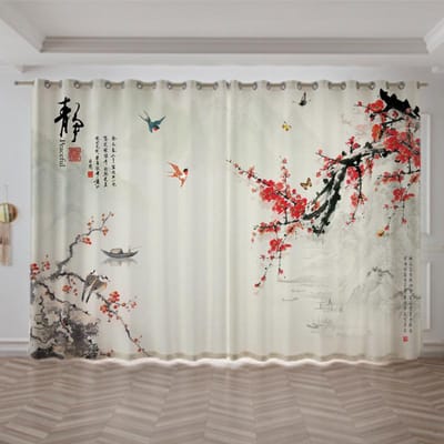 Nieuw Chinees Rivier Berglandschap Schilderij Gordijn Voor Slaapkamer Woonkamer Vloer Raam cortinas Jaloezieën Drapage 2 panelen 100W130H(CM)40x51in&Grommet Top white