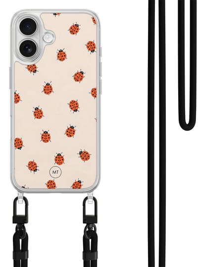 Hoesje met koord geschikt voor iPhone 16 - Lieveheerstbeestjes - Inclusief zwart koord - Crossbody beschermhoes - Transparant, Multi - Mooie Telefoonhoesjes