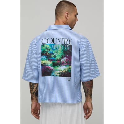 Oversized Korte Mouw Poplin Gestreept Poloshirt | Blue | Size XS