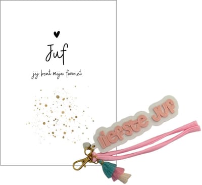 Sleutelhanger en kaartje JUF | FAVORIET | roze | jij bent de liefste | liefste juf | topjuf | einde schooljaar | juffen | meester |cadeau