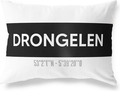 Tuinkussen DRONGELEN - NOORD-BRABANT met coördinaten - Buitenkussen - Bootkussen - Weerbestendig - Jouw Plaats - Studio216 - Modern - Zwart-Wit - 50x30cm