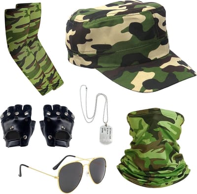 6-delige Leger Kostuum Set voor Volwassenen, Soldaat Militair Cosplay Outfit met Hoed, Zonnebril, Handschoenen en Accessoires voor Feestjes en Evenementen