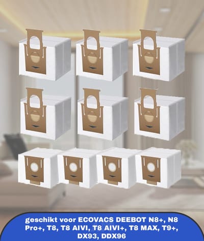 Set van 10 stofzakken geschikt voor ECOVACS DEEBOT N8+, N8 Pro+, T8, T8 AIVI, T8 AIVI+, T8 MAX, T9+, DX93, DDX96 en yeedi vac station. Ideaal als reserveonderdelen voor stofzuigers.