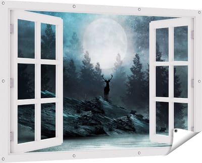 Gards Tuinposter Doorkijk Hert op een Rots tijdens Volle Maan - 150x100 cm - Tuindoek - Tuindecoratie - Wanddecoratie buiten - Tuinschilderij