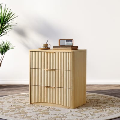Nachtkastje - Met 3 Laden - Klassiek Kastje met Rillendesign en Metalen Grepen - Hout - Eiken