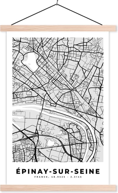Posterhanger incl. Poster 40x60 cm - Schoolplaat - Plattegrond - Épinay-sur-Seine - Stadskaart - Kaart - Frankrijk - Textielposter - Blanke latten - Stadskaart