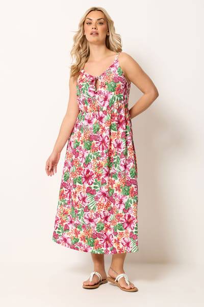 Yours Roze Tropische Midijurk Met Keyholedetail Size 48