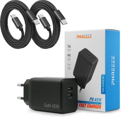 45w Snellader + usb C kabels 3 meter - Usb stekker 2 poorten - Oplader met twee usb C poorten - Lange usb C oplader