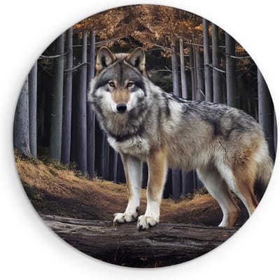 Saammp Muurcirkel Hout - Wolf in het bos - Dieren - Natuur - Ø 90 - Wandcirkel - Wanddecoratie Cirkel - muurdecoratie Woonkamer - Slaapkamer decoratie - Rond Schilderij