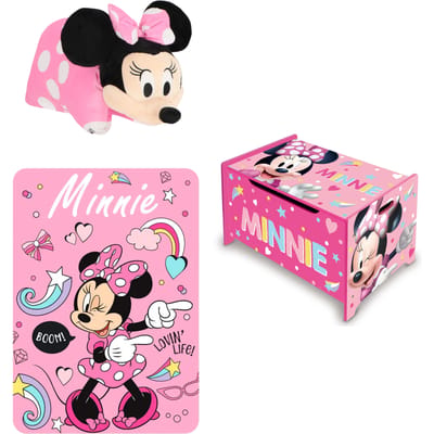 Minnie Mouse slaapkamerset; speelgoedkist, kussen en fleecedeken