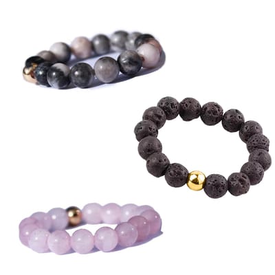 Bixorp Gems Edelstenen Ringen Set Roze Zebra Jaspis + Lavasteen + Rozenkwarts - Kralenring