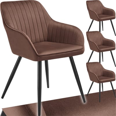 tectake® Eetkamerstoel - Gevoerde fluwelen zitting met gestikt patroon - Zwart metalen poten - Woonkamer, eetkamer, slaapkamer en kantoor - Draagkracht 120 kg - Set van 4 - Bruin/zwart