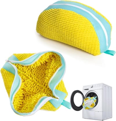 Set van 2 Schoenwaszakken voor de Wasmachine, Herbruikbare Waszakken met Dubbele Rits en 360° Reiniging, Geschikt voor Alle Schoenen en Maten, Geel