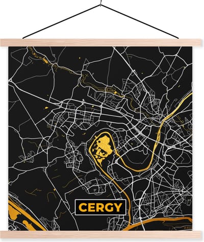 Posterhanger incl. Poster 40x40 cm - Schoolplaat - Stadskaart – Cergy - Plattegrond – Kaart – Frankrijk - Textielposter - Blanke latten - Stadskaart