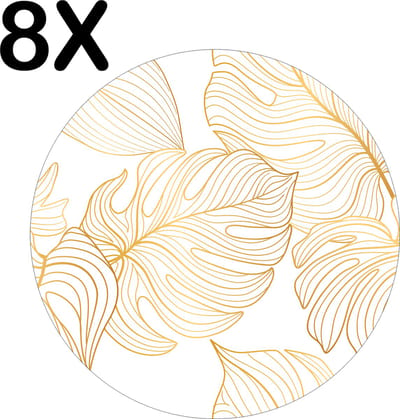 Luxe Ronde Placemat - Wit met Gouden Palm Bladeren - Set van 8 Placemats - 50x50 cm - 2 mm dik Vinyl - Anti Slip - Afneembaar