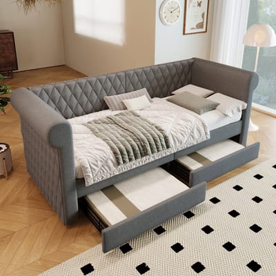 DESMIU Gestoffeerd Bed 90x200cm - Vintage Slaapbank Met Rugleuning En Armleuningen - 2 Opberglades - Voor Woonkamer En Logeerkamer - Linnen - Grijs Zonder Matras