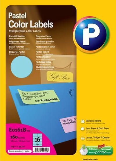 Printec Pastel Blauw Etiketten - 10 Vel - 105x37mm - 16 Labels per A4 - 160 Stickers