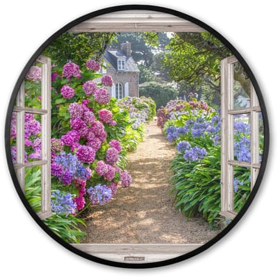 Poster in lijst Rond - Fotolijst 60x60 cm - Posters - Hortensia - Doorkijk - Bloemen - Zomer - Paars - Pad - Ronde posterlijst zwart - Decoratie - Wanddecoratie woonkamer - Muurdecoratie slaapkamer