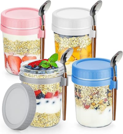 longziming -Overnight Oats Potjes Set van 4 – 350ml Glazen Ontbijtpot met Lepel en Luchtdichte Deksel – BPA-Vrij Borosilicaatglas Muesli/Yoghurt Pot voor Ontbijt en Meal Prep