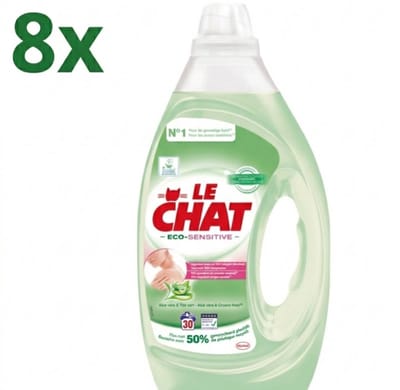 (8x) Le Chat Eco-Sensitive - Vloeibaar Wasmiddel - Witte en Gekleurde Was - Aloë Vera & Groene Thee - 30 Wasbeurten