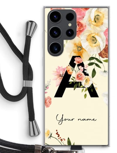 Gepersonaliseerd - Case Company® - Hoesje met koord geschikt voor Samsung Galaxy S23 Ultra hoesje met Koord - Flirty Flowers Monogram - Telefoonhoesje met Zwart Koord - Bescherming aan alle Kanten en Over de Schermrand