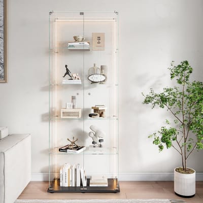 Glazen Displaykast Zwart 5 Laags met LED Strip – Vitrinekast met Slot – Showkast met Dubbele Deuren