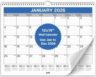 Wandkalender 2024 - Maandkalender Bureaukalender - Plannen Organiseren - Gevoerde Dagelijkse Blokken - 30.5 x 37.5 cm - Blauw