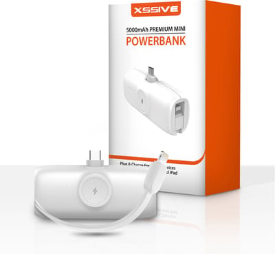 Mini Powerbank 5000 mAh - Geschikt voor Powerbank iPhone / iPad met Lightning Poort en Apple Watch - USB C Snellader Plug - Draadloze Oplader voor Series 1-10/SE/Ultra - Ingebouwde Kabel voor 14 Pro Max - 20W Fast Charger - Compact en Licht - Wit