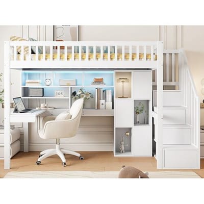 ModernLuxe 90x200 cm houten hoogslaper - bureau met LED en opbergruimte & opbergladder - Wit
