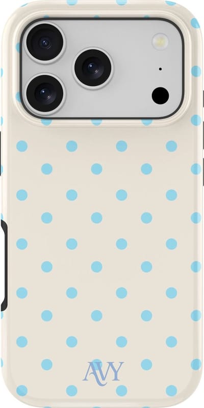 AVY Hoesje geschikt voor Apple iPhone 17 Pro | Riviera Dots | Polka Dots | Beige & Blauw | Hard Shell Back Cover | Compatibel met MagSafe & Qi2
