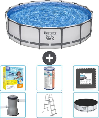 Bestway Rond Steel Pro MAX Zwembad - 457 x 107 cm - Grijs - Inclusief Pomp - Ladder - Afdekzeil Onderhoudspakket - Filter - Vloertegels