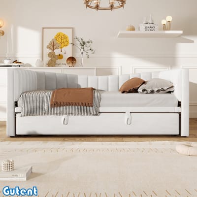 Gutent Slaapbank-90 x 200 cm (180 x 200 cm)-met uitschuifbed (zonder matras)-Velvet- Wit