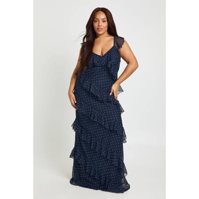 boohoo Dames Plus Polka Dot Ruffle Maxi Jurk | Marineblauw | Maat: 44