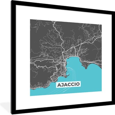 Fotolijst incl. Poster - Ajaccio - Frankrijk - Stadskaart - Kaart - Plattegrond - Corsica - 40x40 cm - Posterlijst