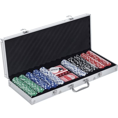 HOMCOM Pokerkoffer complete pokerbox met 500 fiches 2 kaartspellen + 5 dobbelstenen knop Dealer 2 aluminium sleutels.