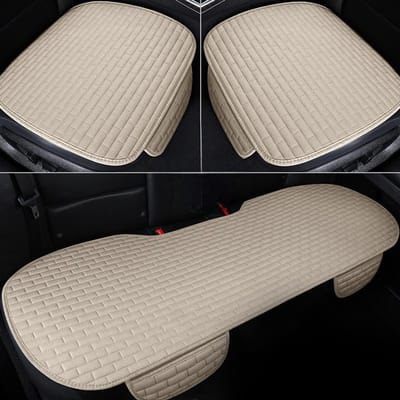 Autostoelkussen voor voor- en achterstoelen, universele stoelbekleding, ademend en antislip, autostoelbeschermers voor auto's, SUV's en vrachtwagens,Driedelige beige set