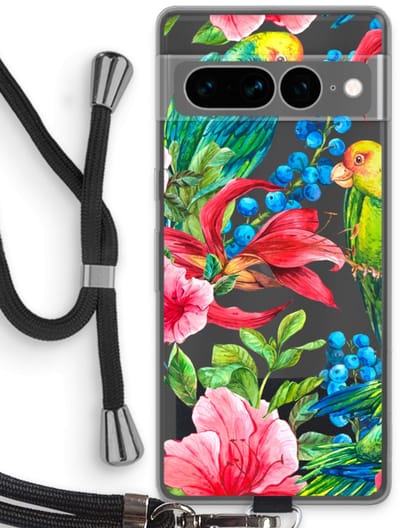 Case Company® - Hoesje met koord geschikt voor Google Pixel 7 Pro hoesje met Koord - Papegaaien - Telefoonhoesje met Zwart Koord - Bescherming aan alle Kanten en Over de Schermrand