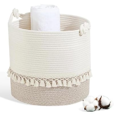 Gevlochten Katoenen Wasmand 38 Liter - Handvat - Opbergmand voor Speelgoed en Badkamer - Wasorganizer (35 x 40 cm)