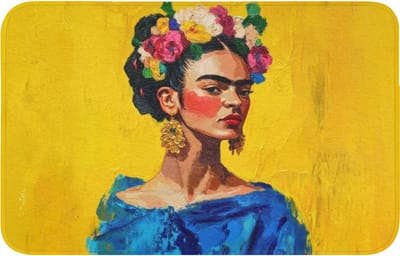 Badmat 80x50 cm - Antislip - Frida Kahlo - Vrouw - Geel - Blauw - Bloemen - Badmatten voor badkamer - Badkamermat - Douchemat - Badkamer mat
