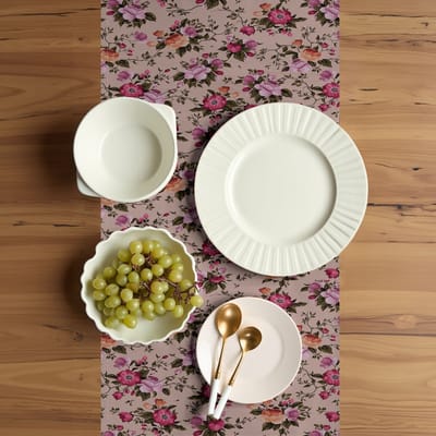 ABAKUHAUS bloementafelloper, bloempatroon met roos, eetkamerkeuken rechthoekige decoratieve tafelloper, 40 x 180 cm, beige roze donkergroen
