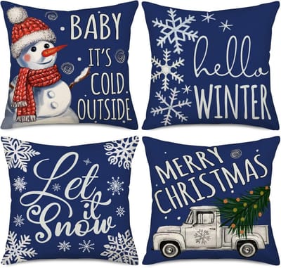 Kerst Kussenslopen 61x61 cm Set van 4 Sneeuwvlokken Kerstbomen Vrachtwagen Winter Decoratie Marineblauw voor Woonkamer en Slaapkamer