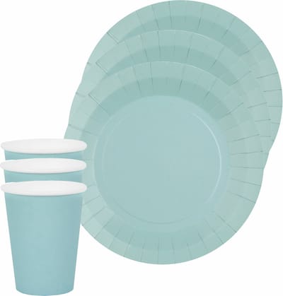 Santex feest/verjaardag servies set - 10x gebaksbordjes en bekertjes - lichtblauw - karton